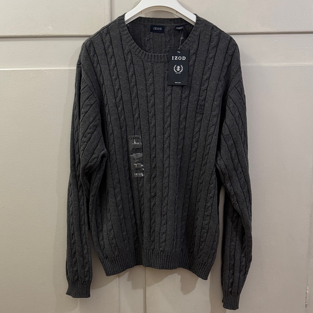 Men’s Izod gray classic cable knit sweater 100% cotton new XXL